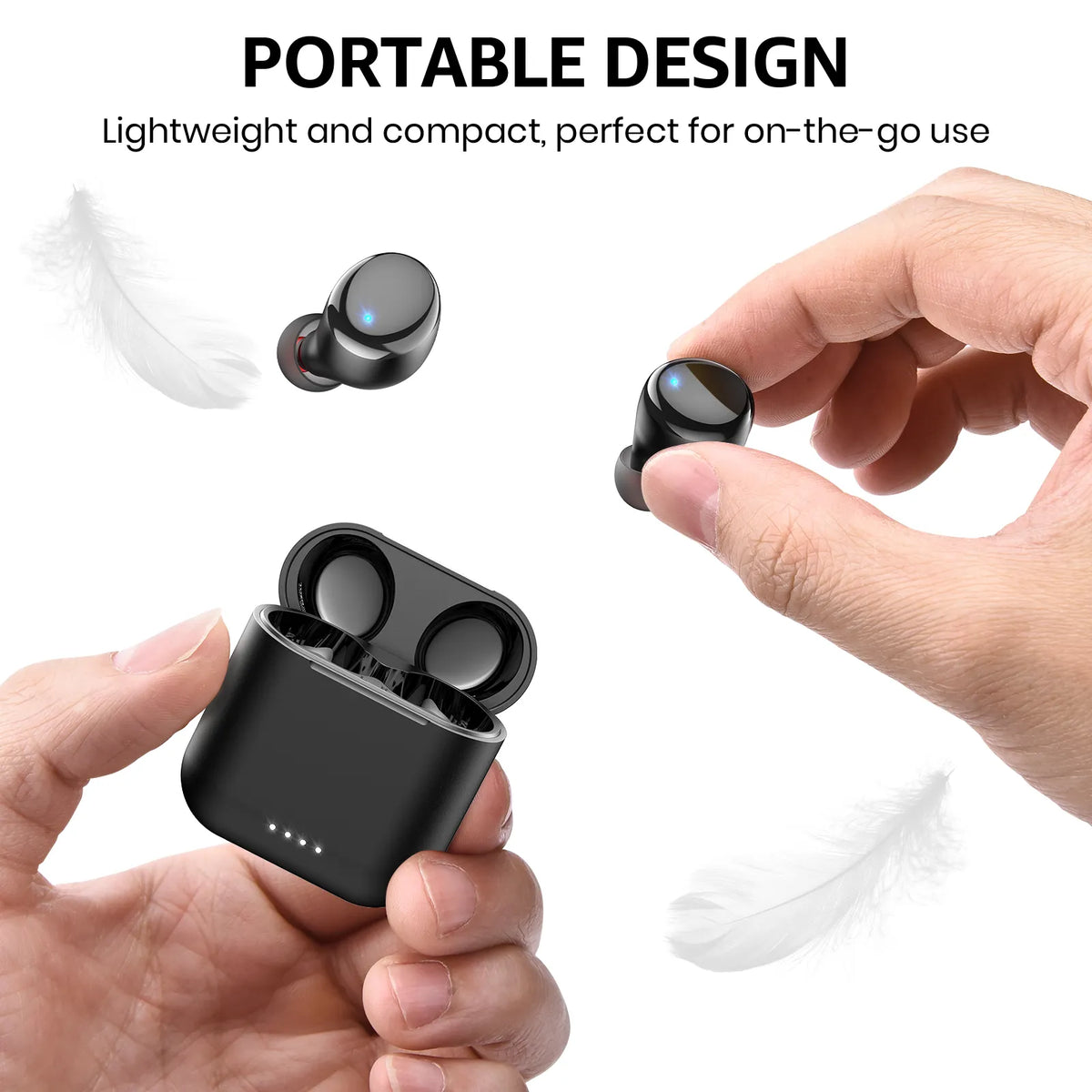 Black wireless earbuds with charging case held by a hand, text 'PORTABLE DESIGN' and 'Lightweight and compact, perfect for on-the-go use'.