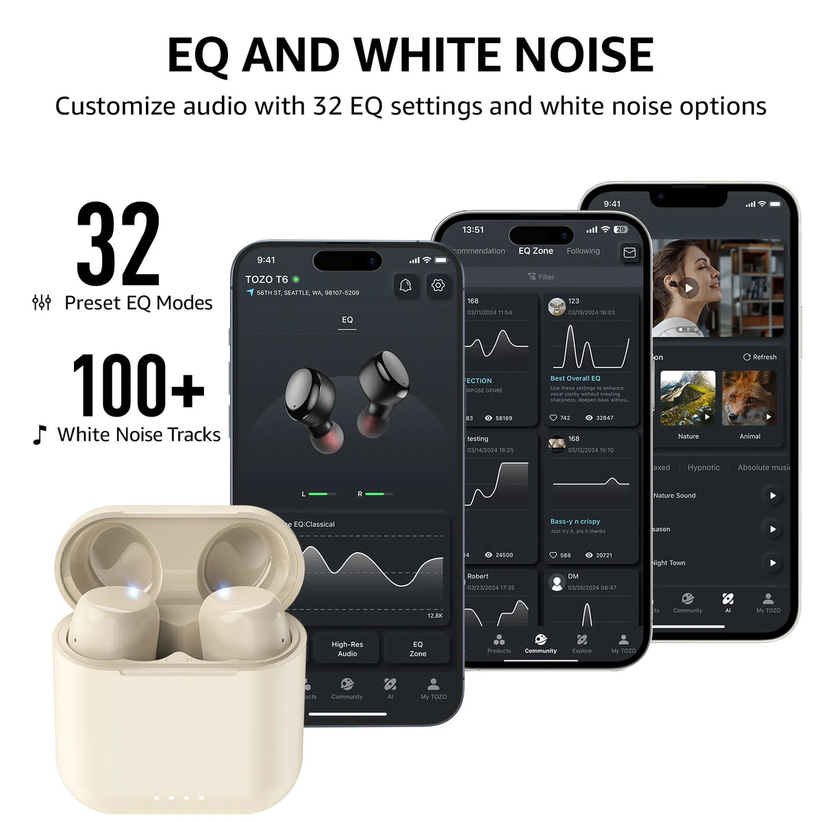 Wireless earbuds with a smartphone displaying an app for audio customization on a white background.