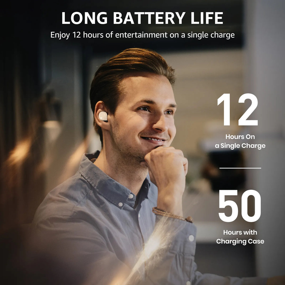 Man wearing wireless earbuds with text about long battery life on a blurred indoor background