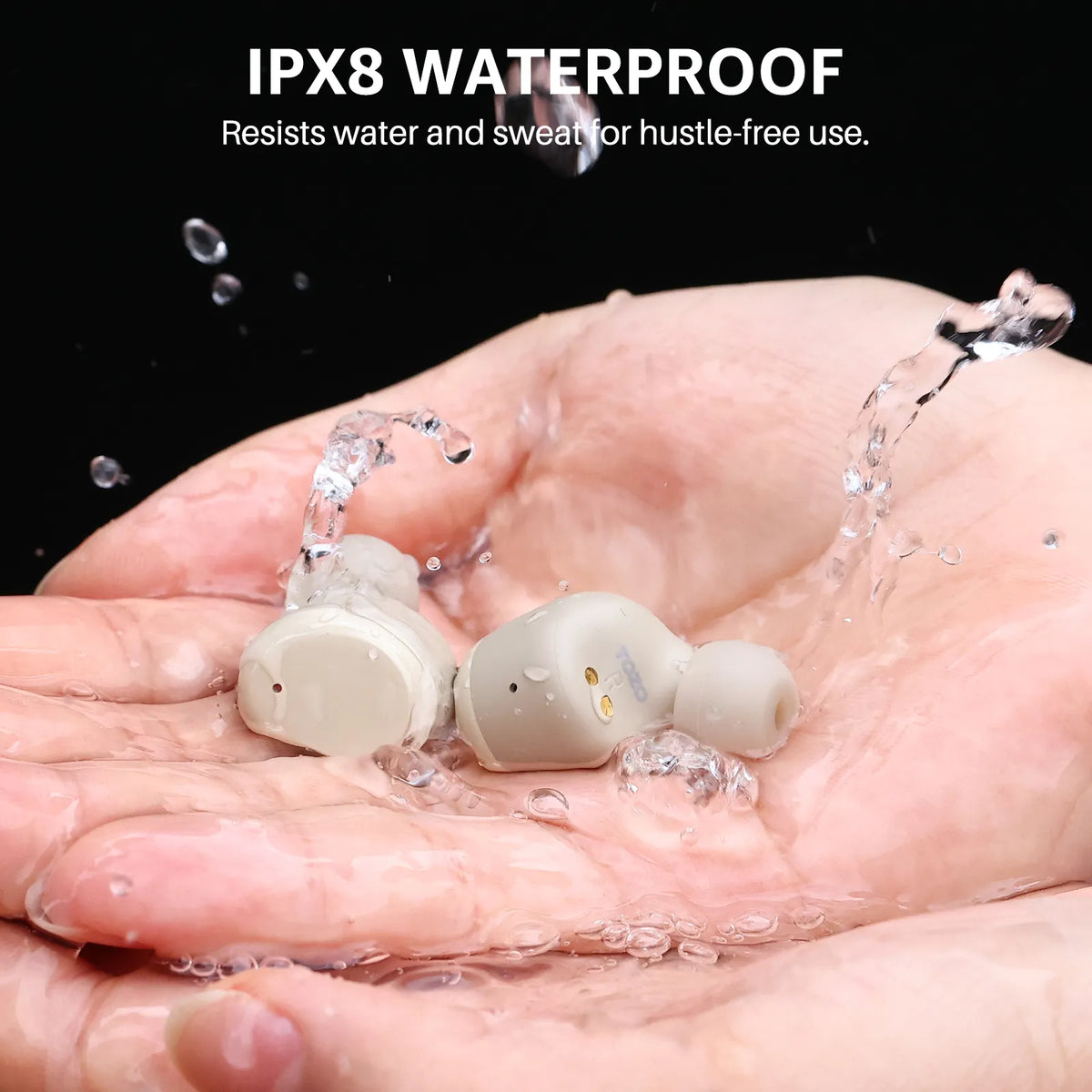 In-ear headphones being submerged in water with text indicating IPX8 waterproof rating.