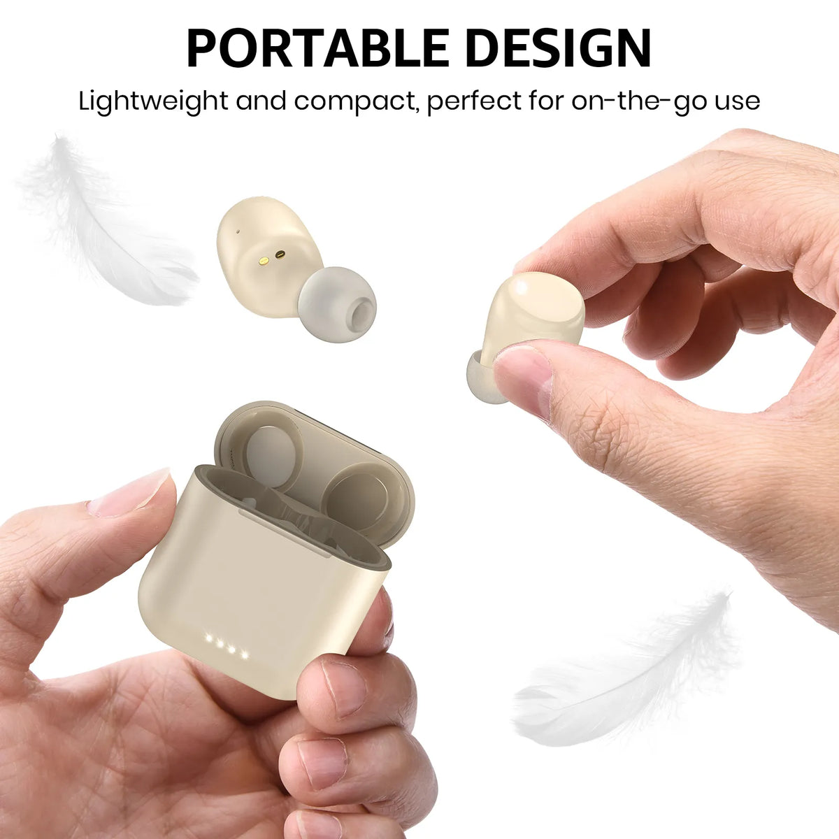 Beige wireless earbuds with a hand holding them, emphasizing their portable design.