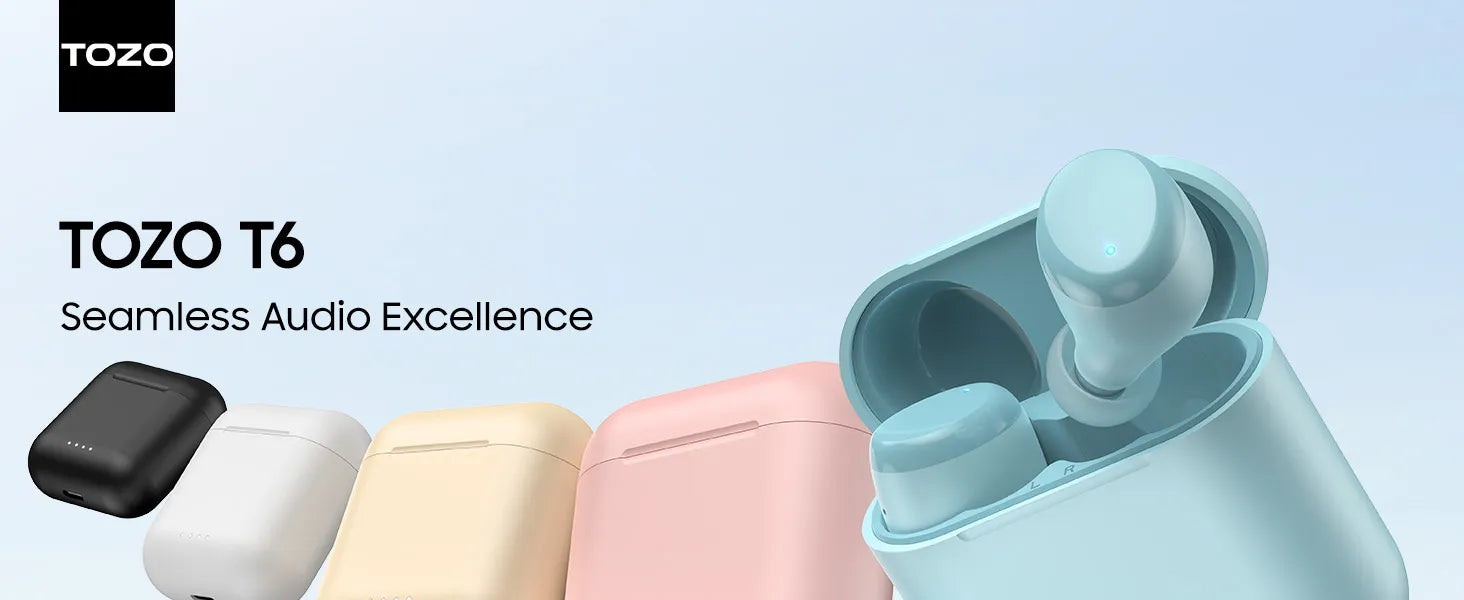 TOZO T6 wireless earbuds with charging case on a light blue background