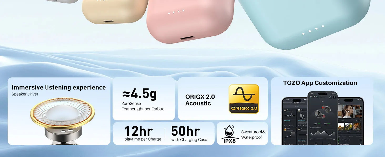 Product features with text and icons on a light blue background