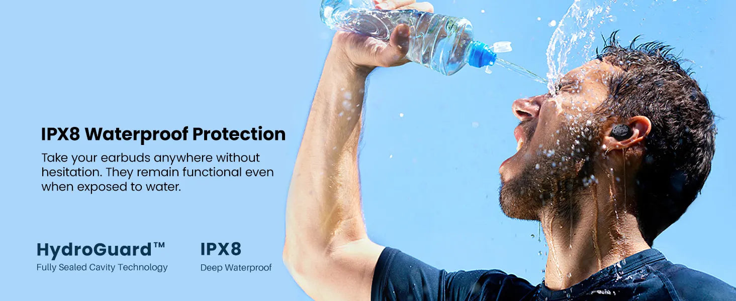 Person holding a water bottle with HydroGuard IPX8 waterproof protection text on a blue background