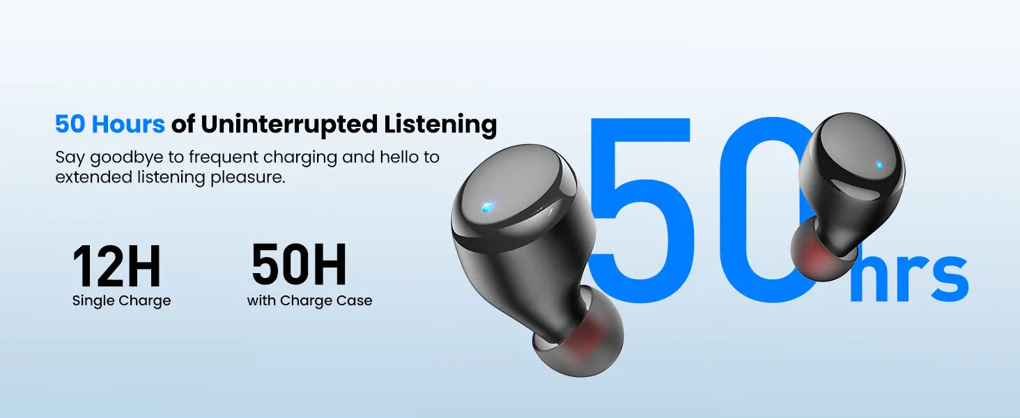 Wireless earbuds with charging case on a light blue background, displaying battery life information.