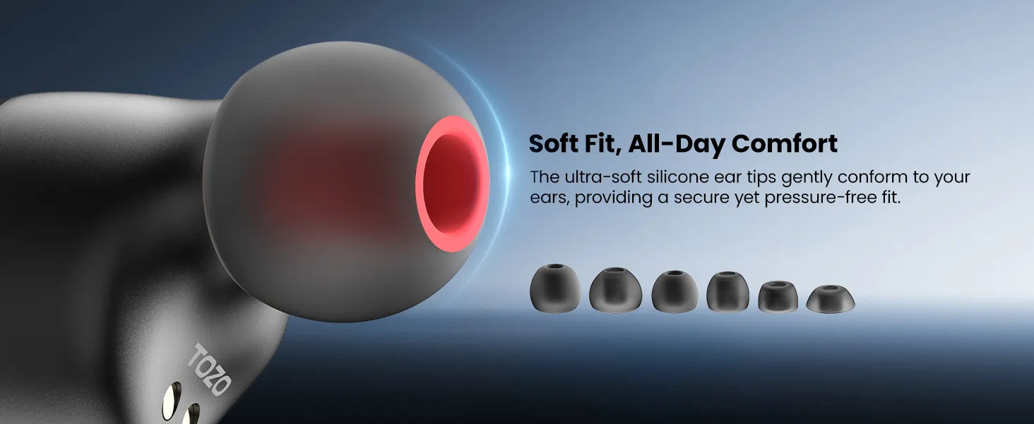 Earpod with soft silicone ear tips and text about comfort on a gradient background