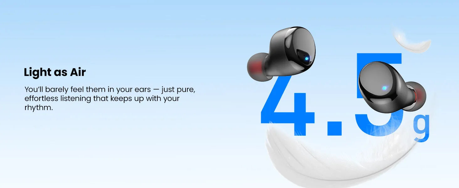 Wireless earbuds with a focus on weight and design on a light blue background