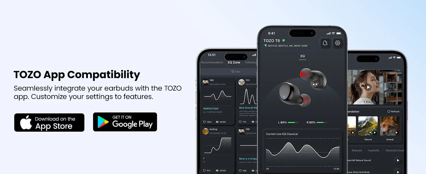 TOZO app compatibility with smartphone screens showing app interface and earbud control.
