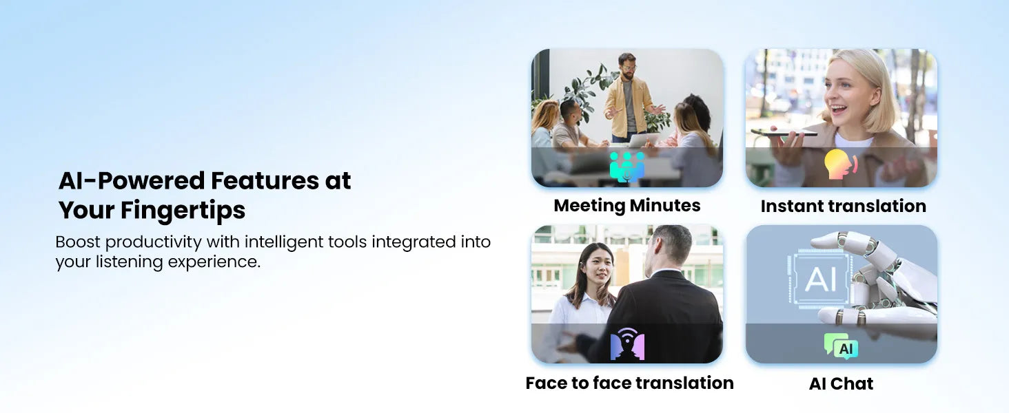 Advertisement for AI-powered features with icons and text on a light blue background