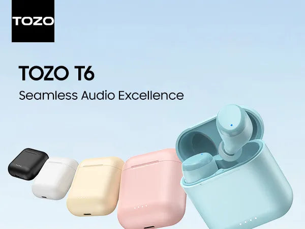 TOZO T6 wireless earbuds with charging case on a light blue background