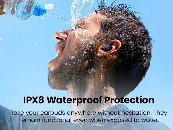 Person rinsing ears with water, emphasizing IPX8 waterproof protection for earbuds.