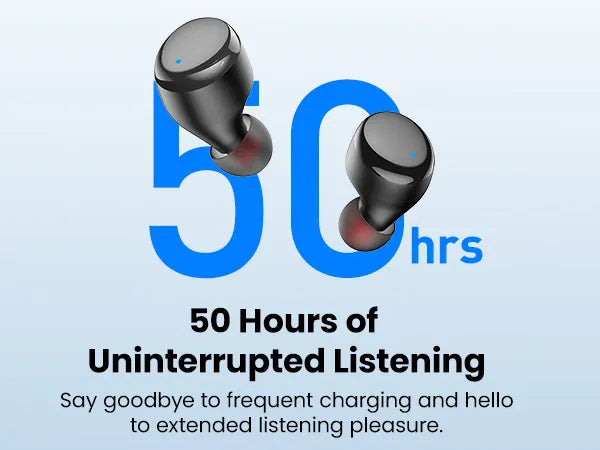 Wireless earbuds with '50 Hours of Uninterrupted Listening' text on a light blue background