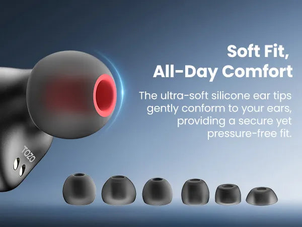 Ultra-soft silicone ear tips with text on comfort and fit on a blue background