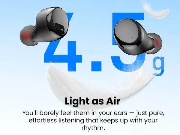 Wireless earbuds with a focus on weight and sound quality on a blue background