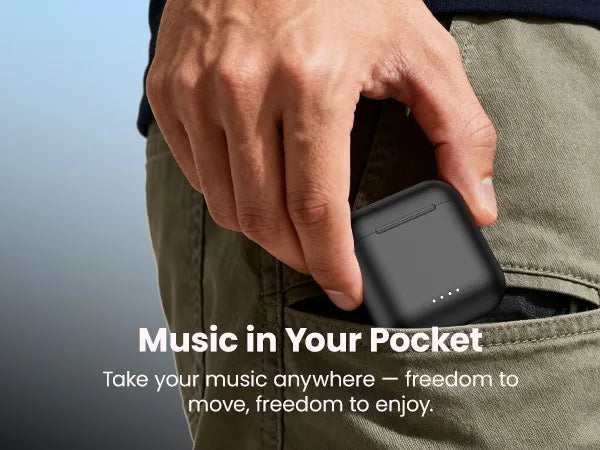 Hand placing a portable music device into a pocket with promotional text.