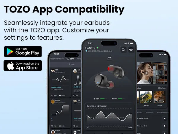 TOZO app compatibility with earbuds on smartphone screens, featuring Google Play and App Store download icons.