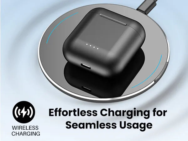 Wireless charging pad with a black electronic device on top, labeled 'Effortless Charging for Seamless Usage'.