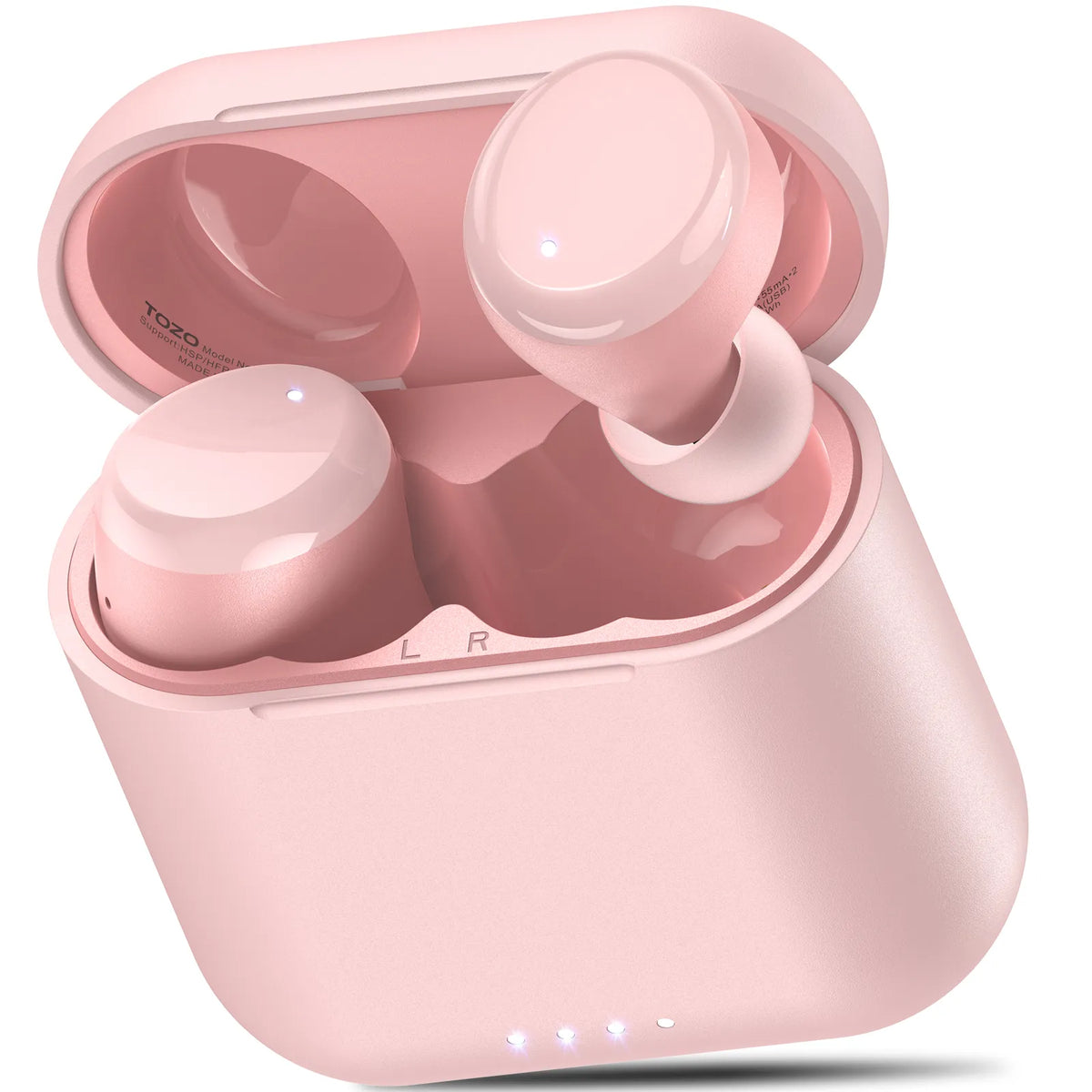 Pink wireless earbuds with charging case on a white background