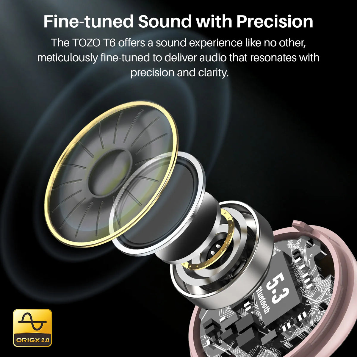 Speaker driver with TOZO T6 branding and 'Fine-tuned Sound with Precision' text on a dark background.