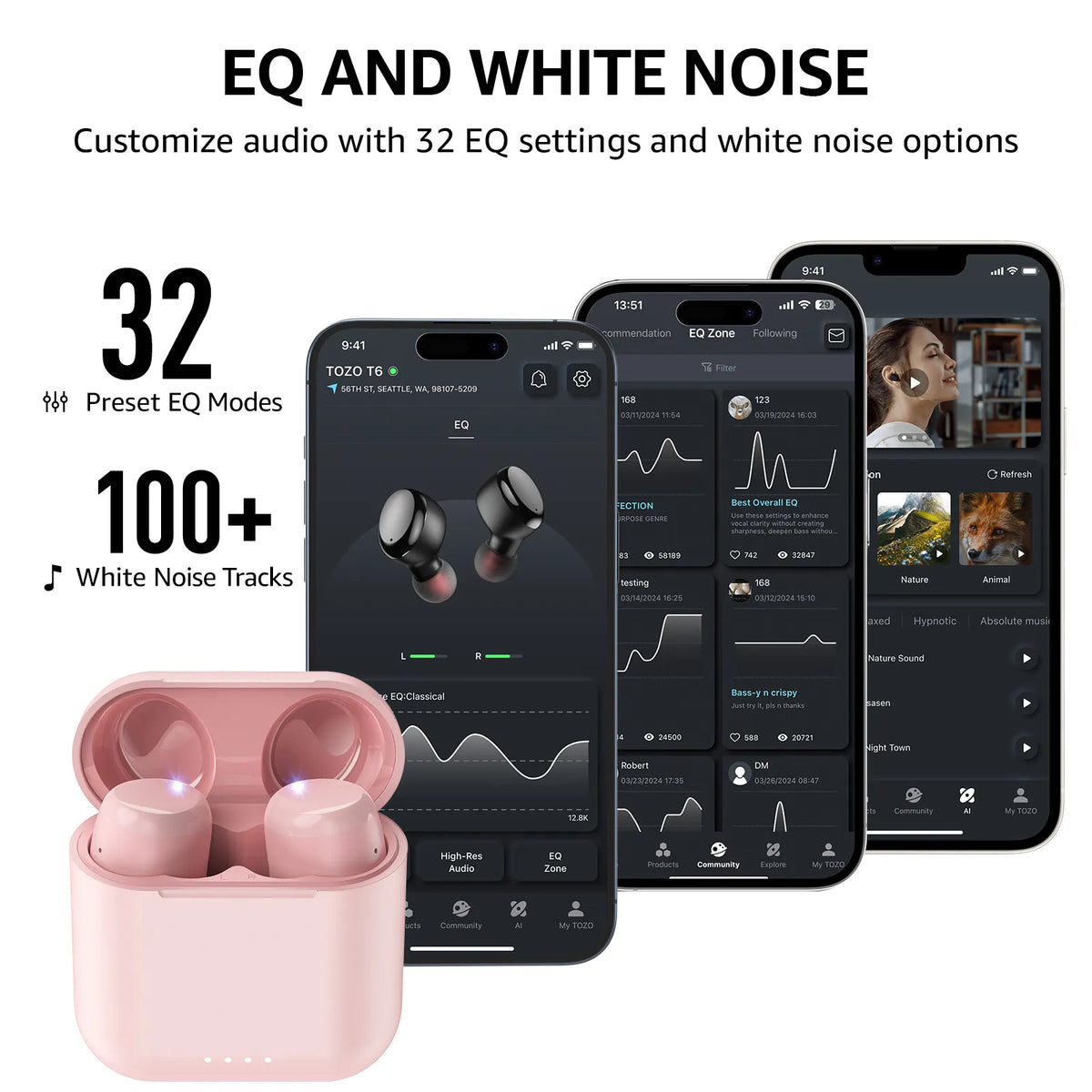 Pink wireless earbuds in a case with smartphone screens displaying audio settings and features.
