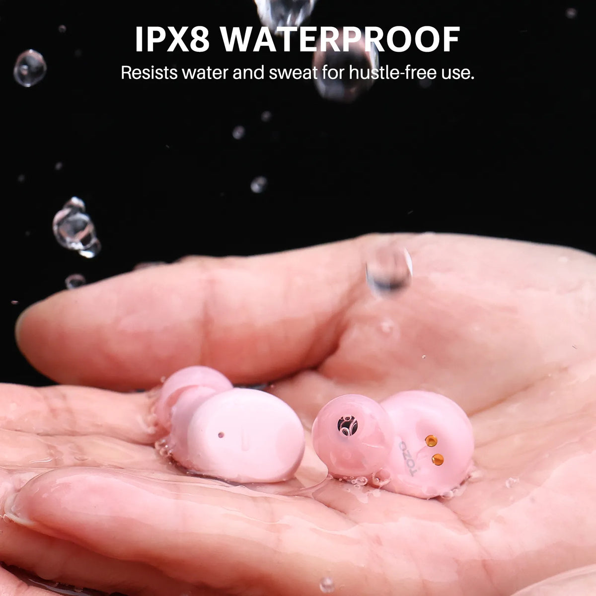 Pink cartoonish beads being submerged in water on a hand with 'IPX8 Waterproof' text above.
