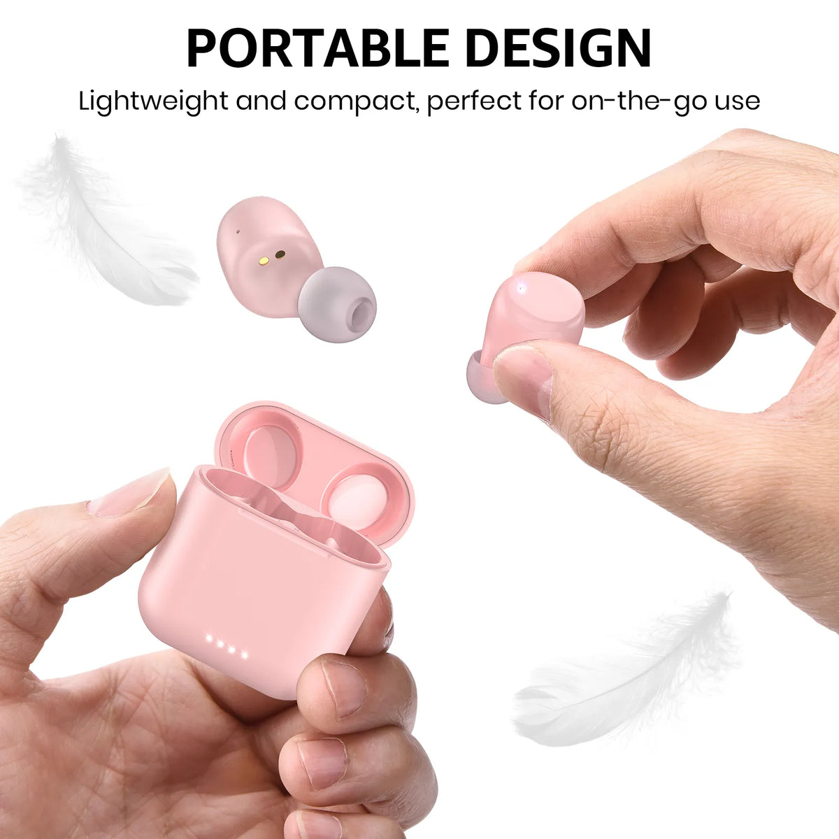 Pink wireless earbuds with charging case held by a hand, text 'PORTABLE DESIGN' and 'Lightweight and compact, perfect for on-the-go use'.