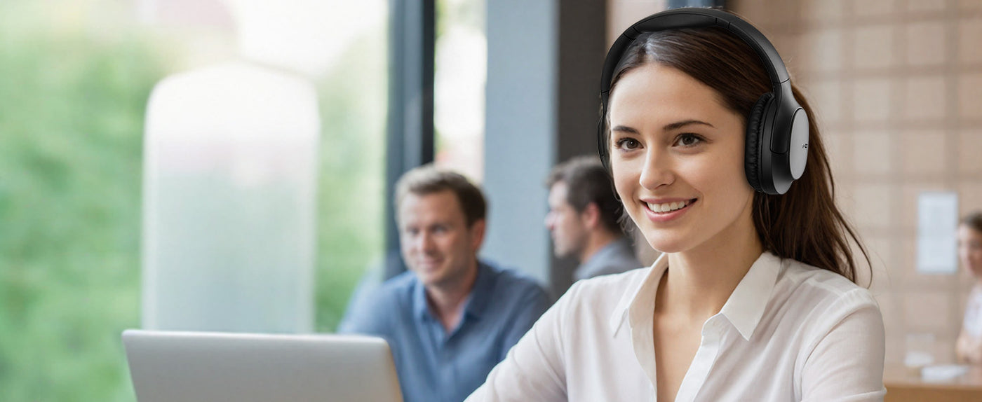 Woman wearing TOZO H100 headphones in office