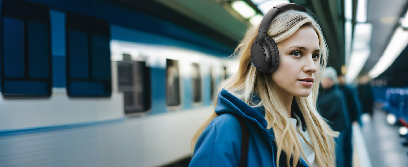 Woman using TOZO H100 headphones at station