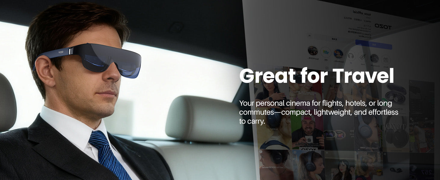 Man wearing sunglasses in a car with text 'Great for Travel' on a screen.