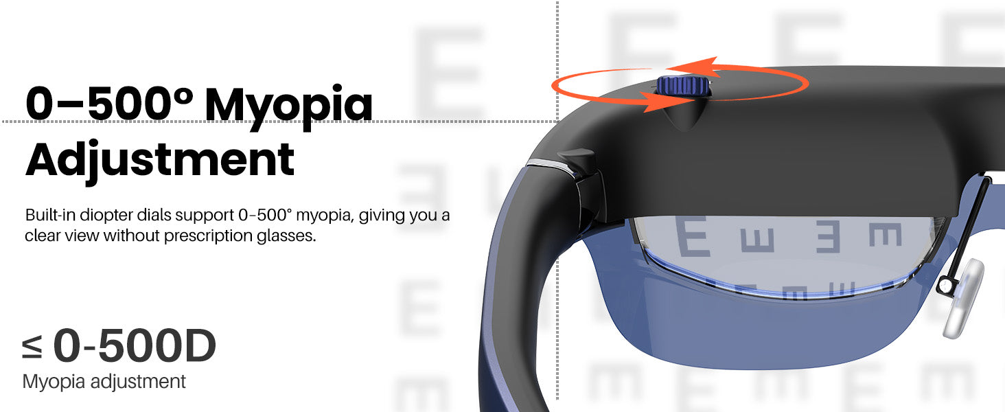 Glasses with myopia adjustment feature on a white background